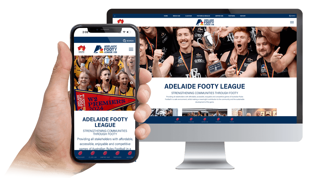 Adelaide Footy League website displayed on a desktop monitor and smartphone