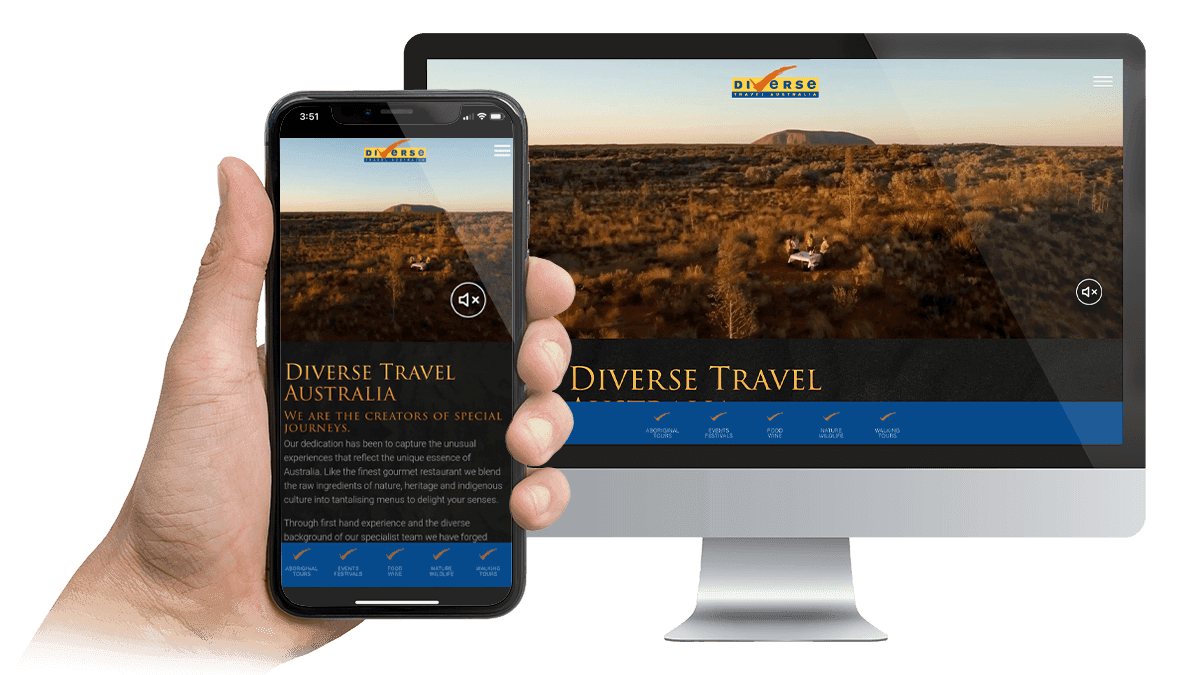 Diverse Travel Australia homepage video hero on desktop and smartphone