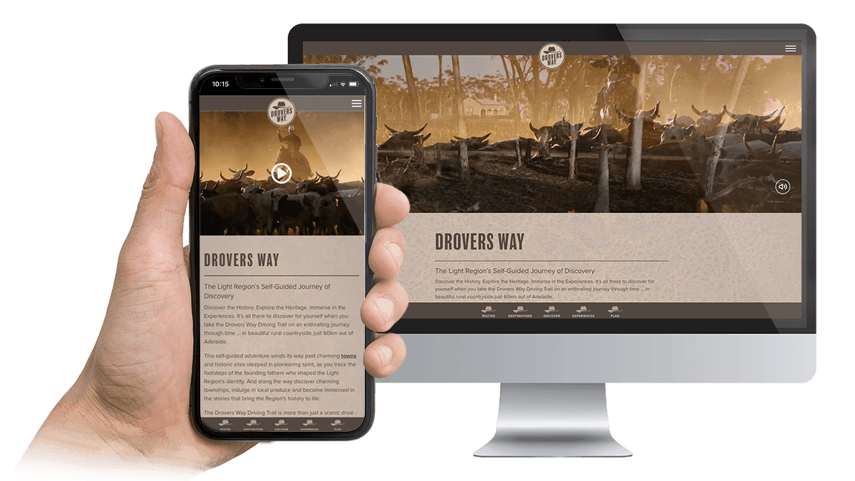 Drovers Way driving trail website homepage displayed on desktop and smartphone