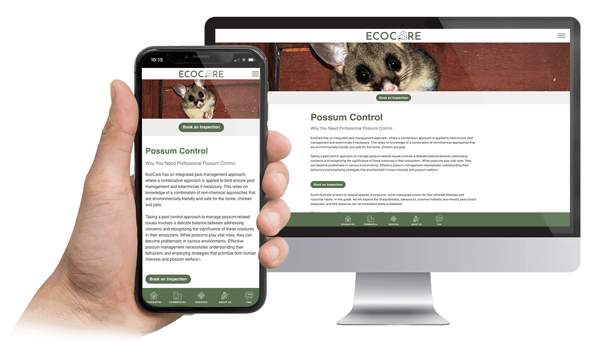 EcoCare Pest Control possum control page displayed on a desktop monitor and smartphone