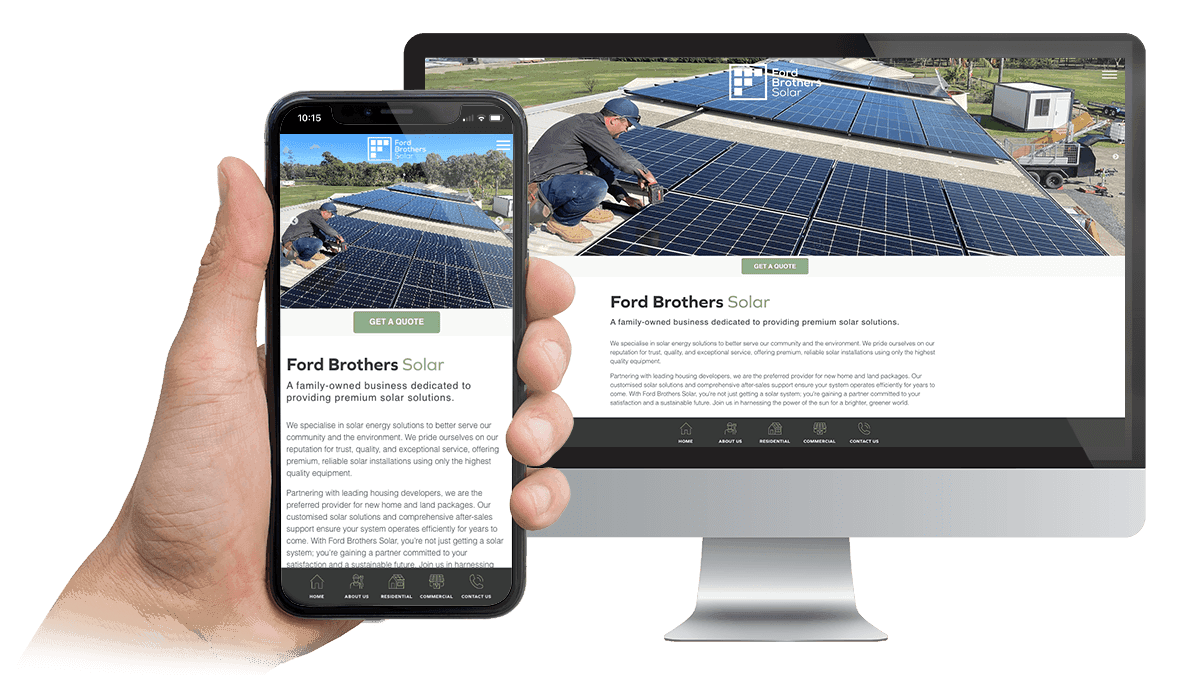 Ford Brothers Solar website homepage on a desktop monitor and smartphone, showing solar panel installation