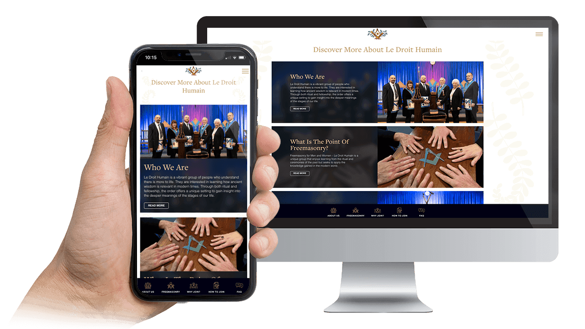 Le Droit Humain Discover More page displayed on a desktop monitor and smartphone