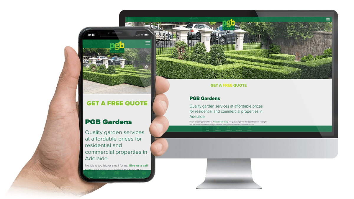 PGB Gardens homepage displayed on a desktop monitor and smartphone