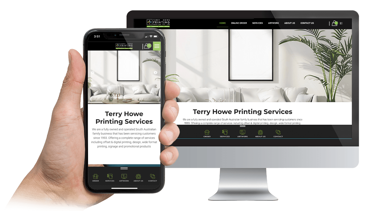 Terry Howe Printing Services homepage shown on desktop and smartphone