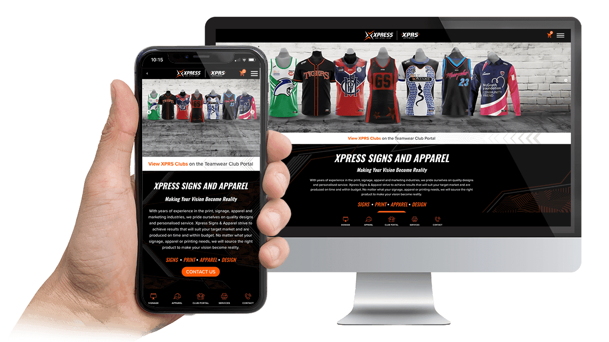 Xpress Signs and Apparel homepage displayed on a desktop monitor and smartphone