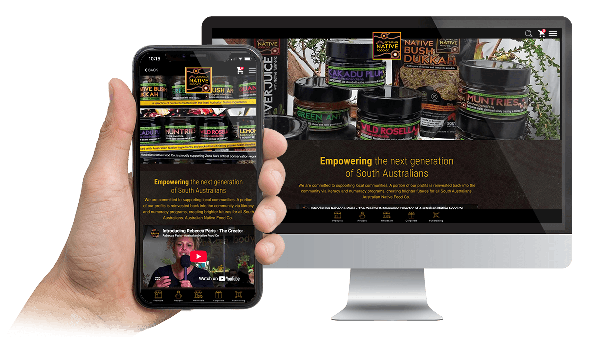 Australian Native Food Co homepage on a desktop monitor and smartphone, with jars of native spice blends and the 'Empowering the next generation of South Australians' message