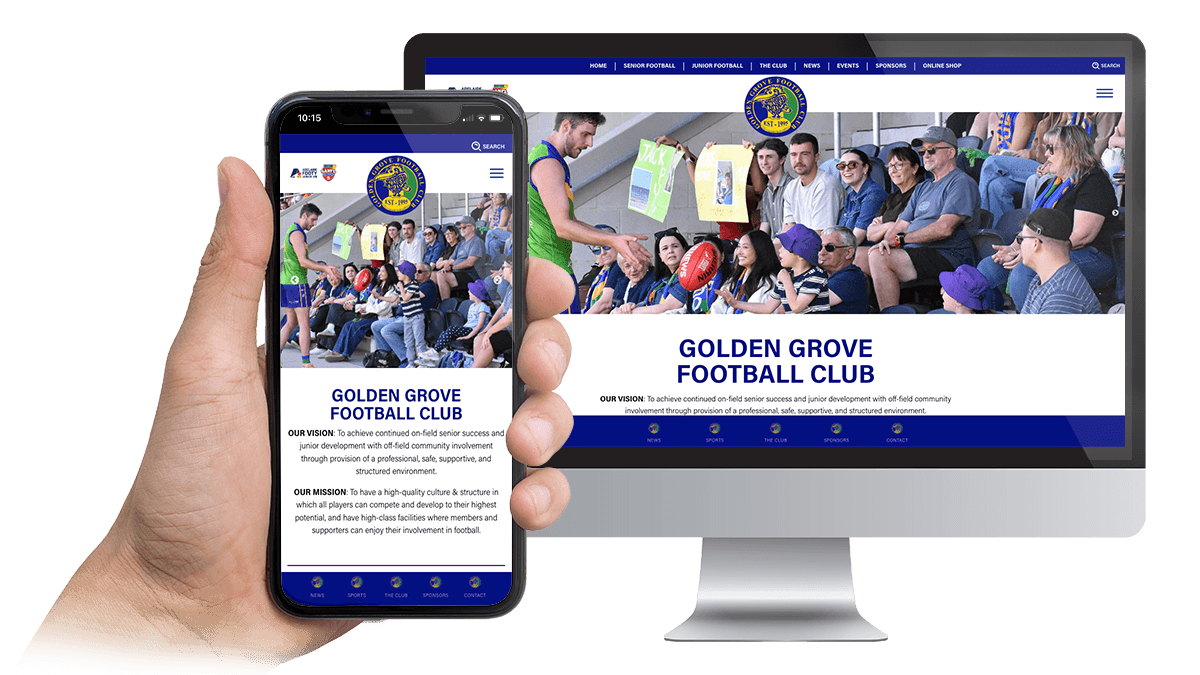 Golden Grove Football Club website homepage on a desktop monitor and smartphone, with a crowd photo and the club's vision statement