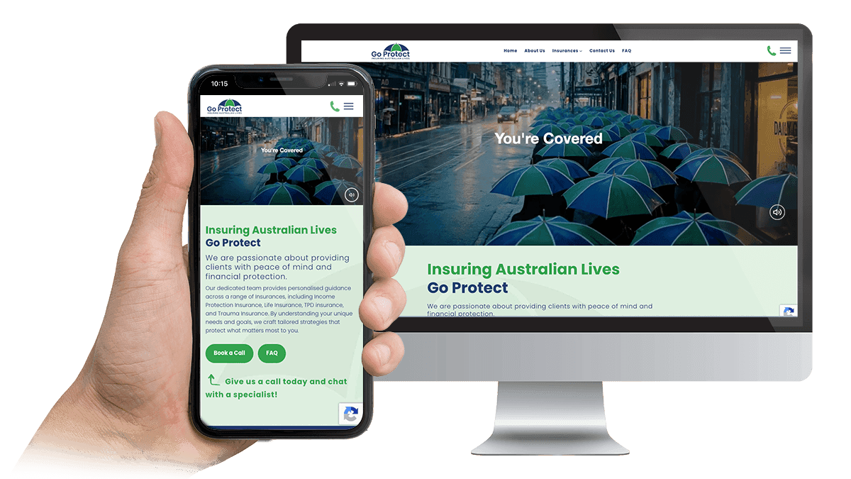 Go Protect insurance website Meet the Team page displayed on a desktop monitor and smartphone