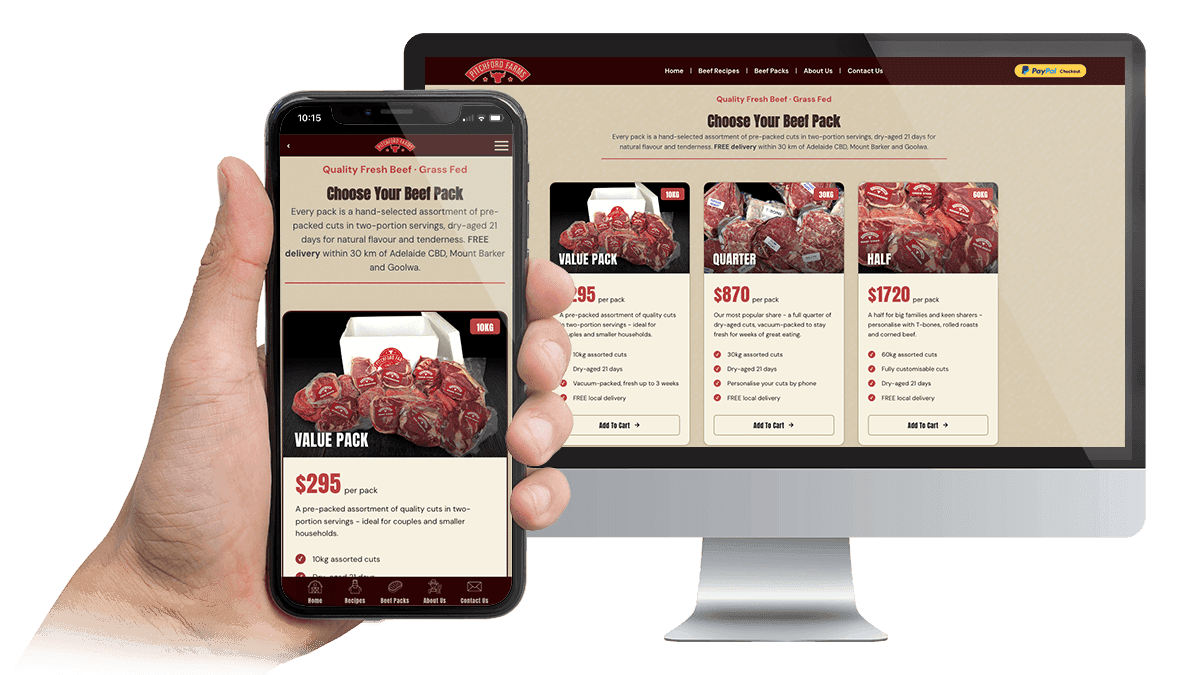 Pitchford Farms beef pack ordering page displayed on a desktop monitor and a hand-held smartphone
