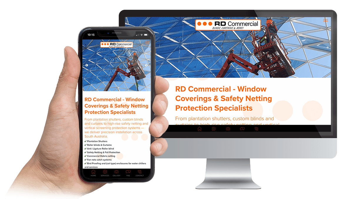 RD Commercial website homepage displayed on a desktop monitor and smartphone