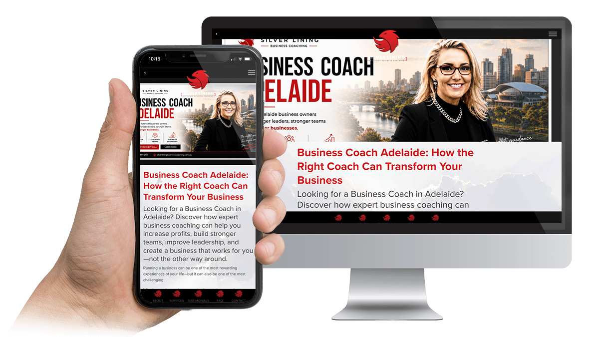 Silver Lining Business Coaching website displayed on a desktop monitor and smartphone