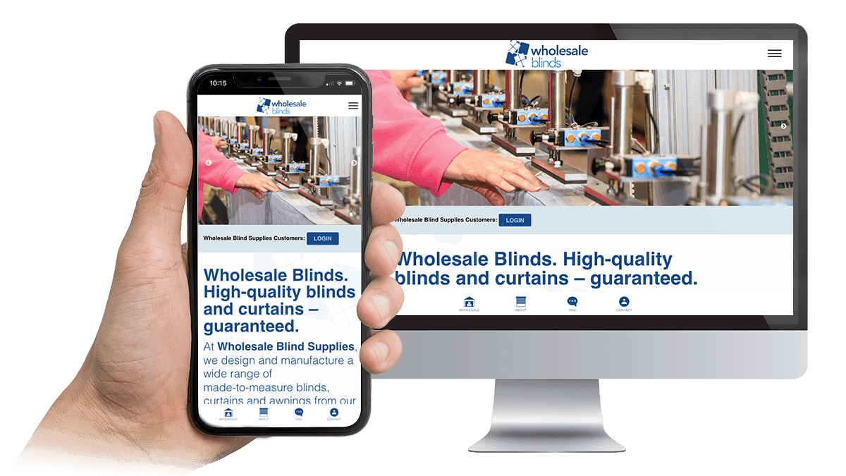 Wholesale Blind Supplies website homepage displayed on a desktop monitor and smartphone