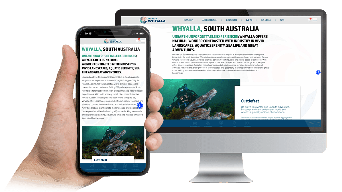 Unearth Whyalla tourism website homepage displayed on a desktop monitor and smartphone