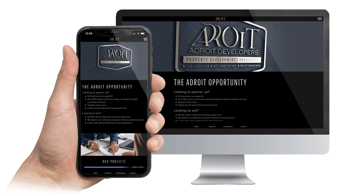 Adroit Developers property investment website displayed on a desktop monitor and smartphone