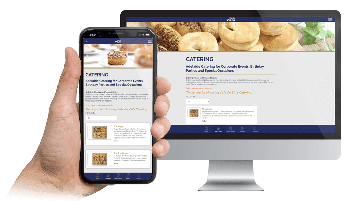 Cafe De Vili's Catering page displayed on a desktop monitor and smartphone