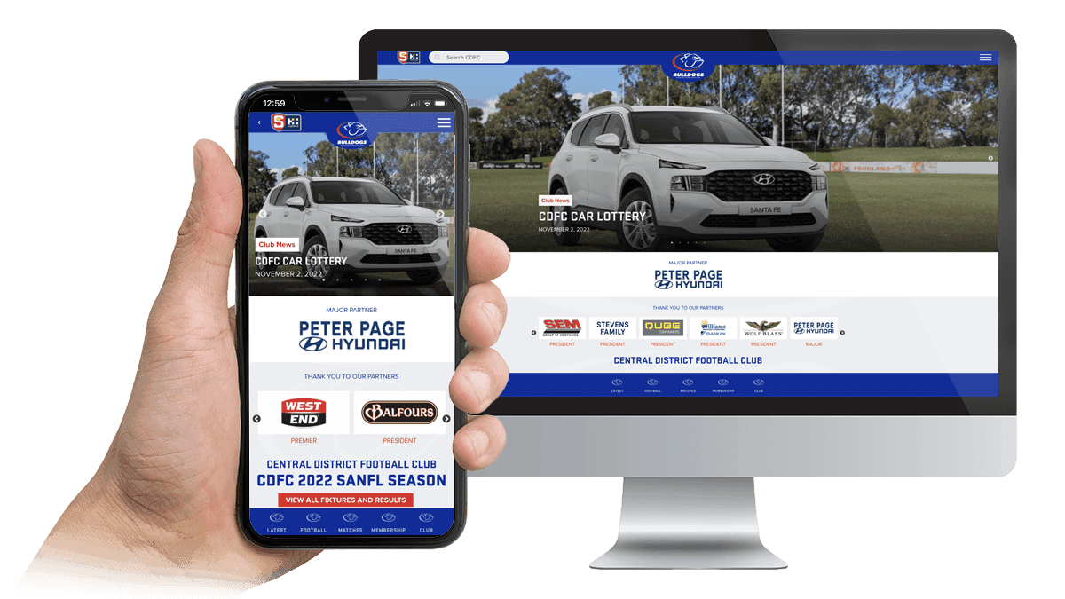 Central District Football Club website homepage on a desktop monitor and smartphone
