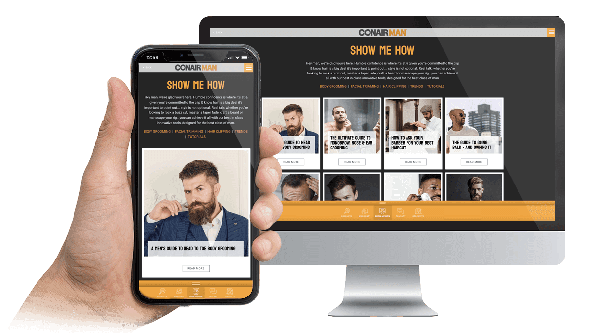 Conair Man website grooming guide page displayed on a desktop monitor and smartphone