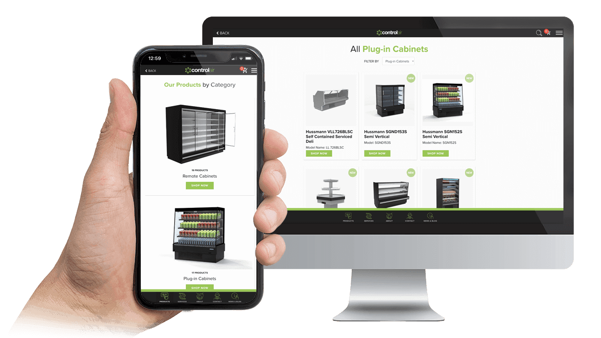 Control Air Australia plug-in cabinets product page displayed on a desktop monitor and smartphone