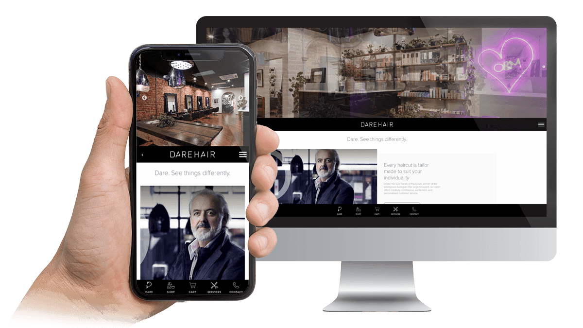Dare Hair salon website homepage displayed on desktop and smartphone