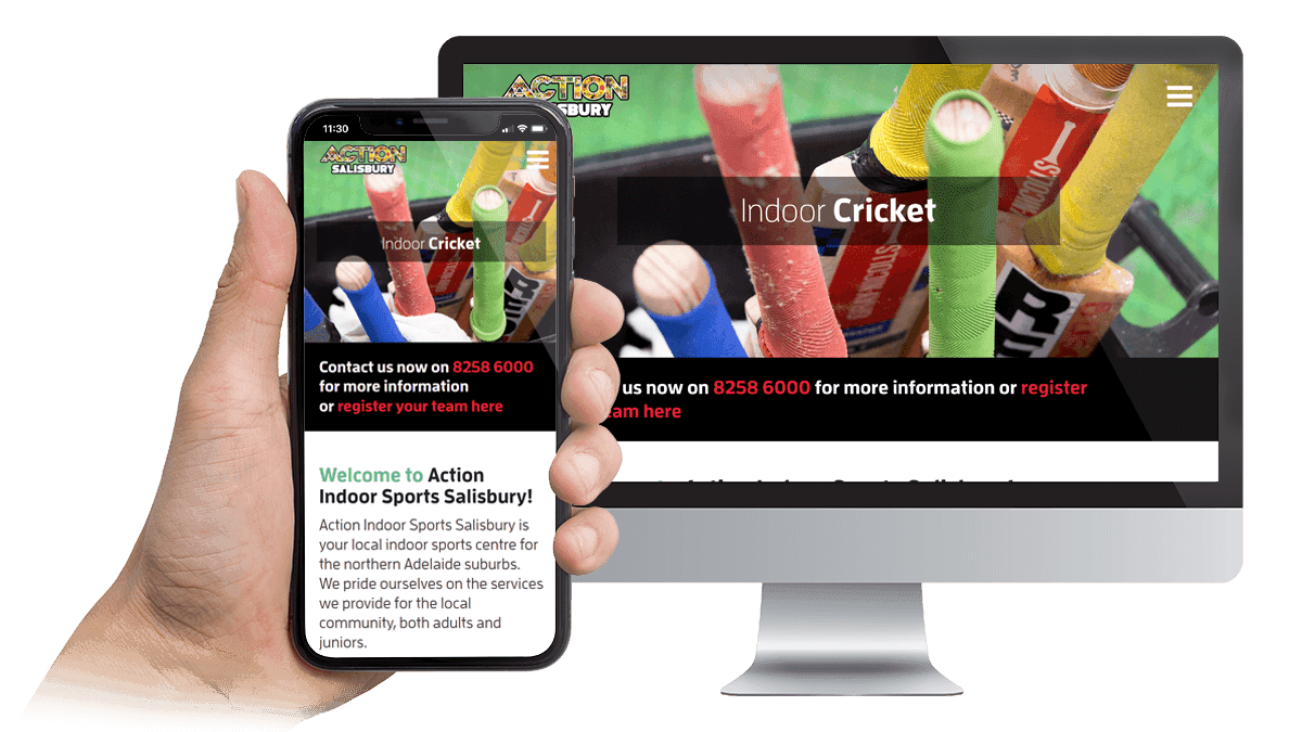 Action Salisbury indoor cricket page displayed on a desktop monitor and smartphone