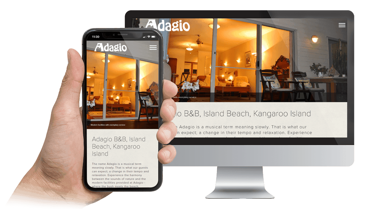 Adagio B&B Kangaroo Island website displayed on a desktop monitor and smartphone