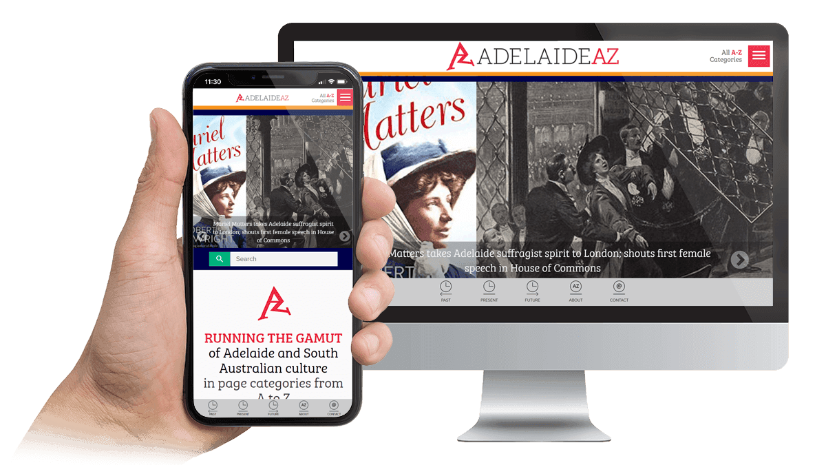 Adelaide AZ website displayed on a desktop monitor and smartphone, featuring a Muriel Matters history article
