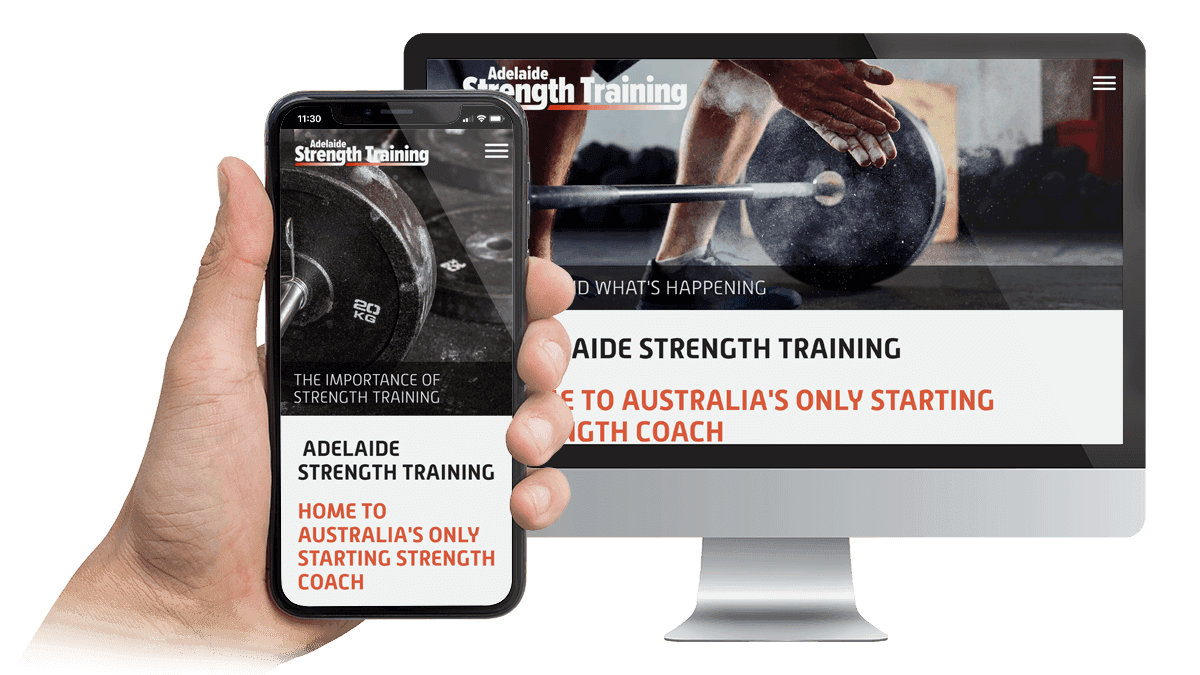 Adelaide Strength Training website homepage displayed on a desktop monitor and smartphone