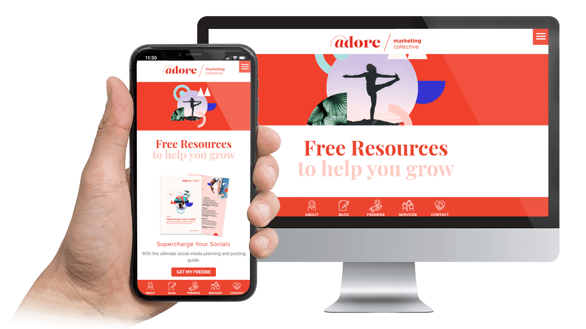 Adore Marketing Collective free resources page displayed on a desktop monitor and smartphone