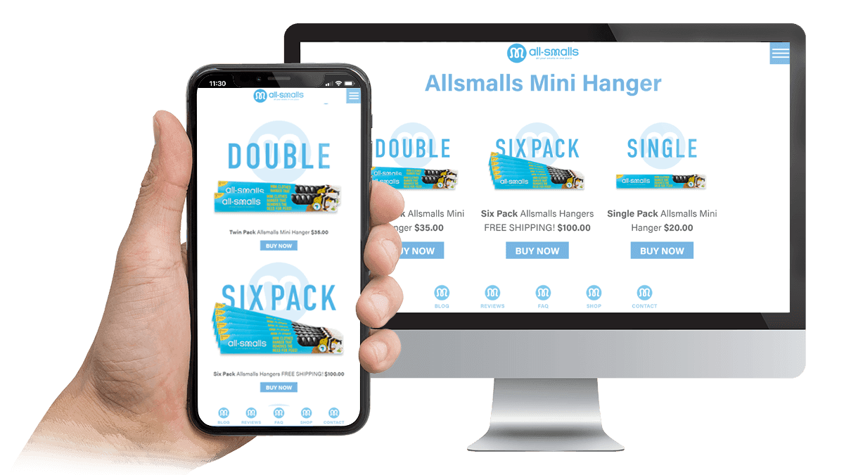 All Smalls Mini Hanger product page shown on a desktop monitor and smartphone