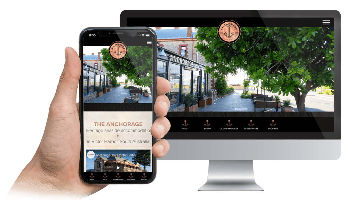 The Anchorage hotel website home page shown on a desktop monitor and smartphone