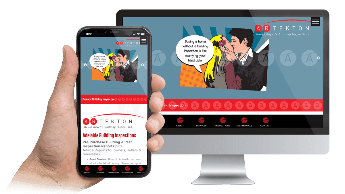 Artekton building inspections website Testimonials page displayed on a desktop monitor and smartphone