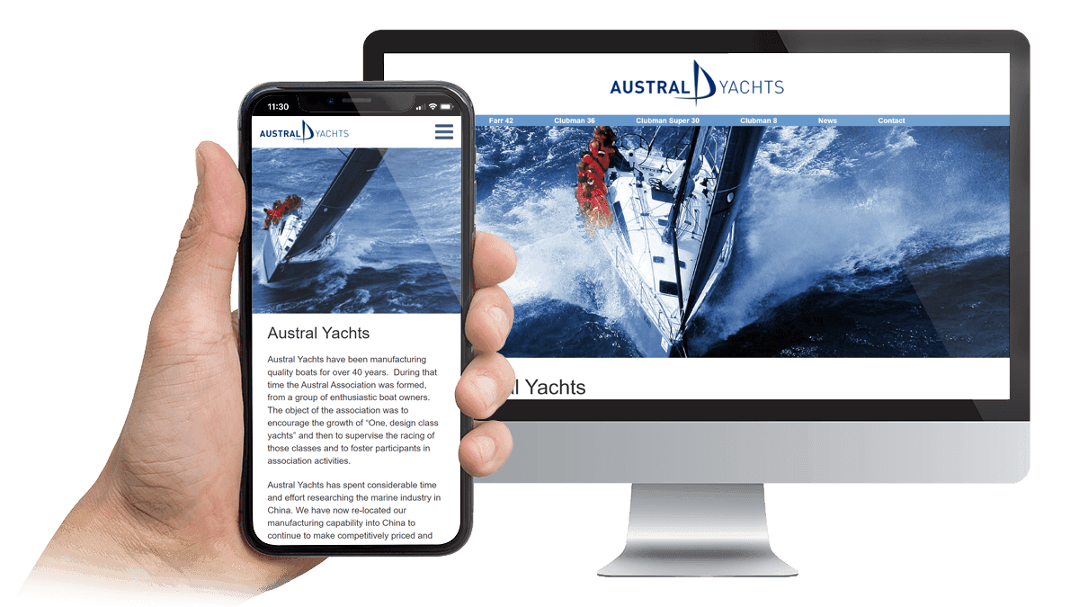Austral Yachts website displayed on a desktop monitor and smartphone