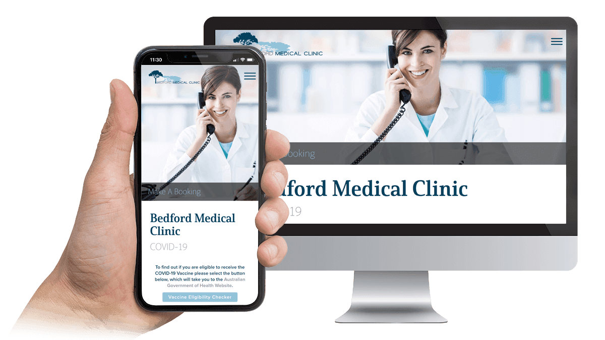 Bedford Medical Clinic website displayed on a desktop monitor and smartphone