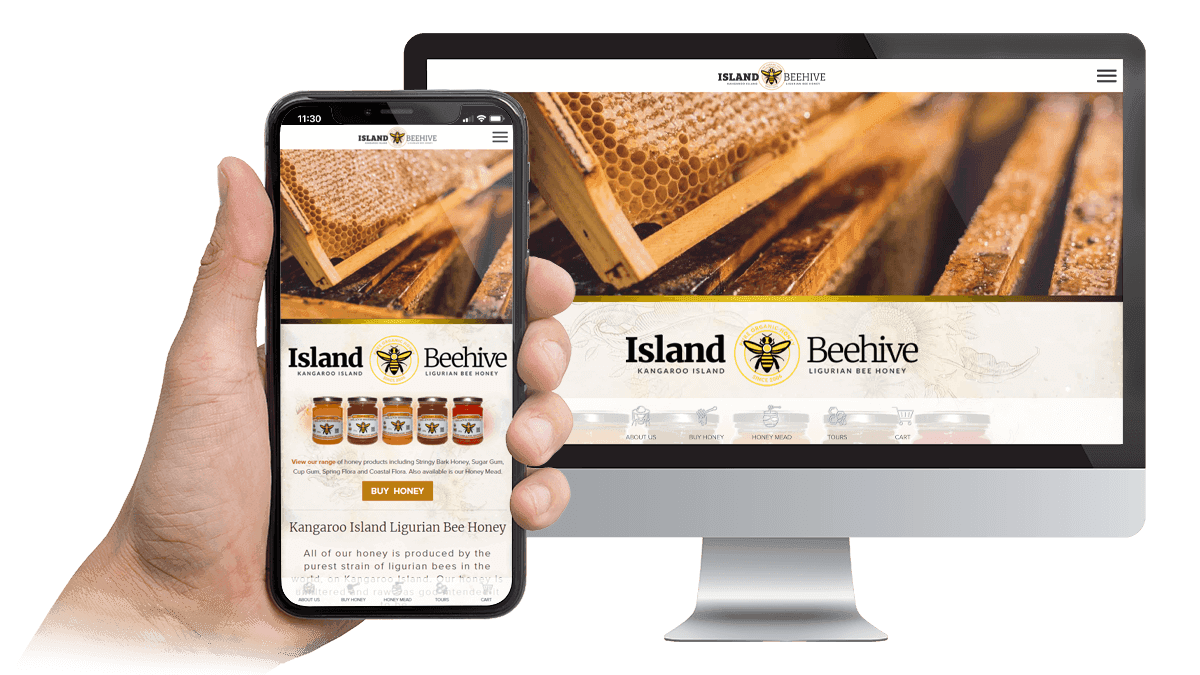 Island Beehive website tours page displayed on a desktop monitor and smartphone