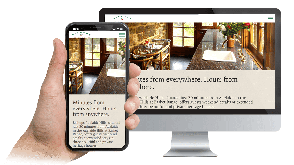 Bishops Adelaide Hills website displayed on a desktop monitor and smartphone