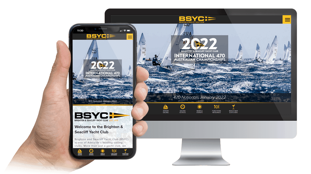 Brighton & Seacliff Yacht Club website displayed on a desktop monitor and smartphone