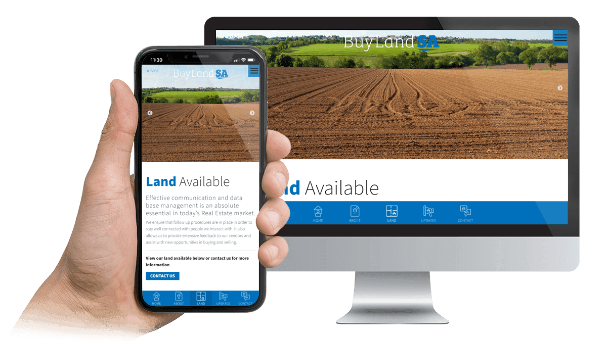Buy Land SA Land Available page displayed on a desktop monitor and smartphone