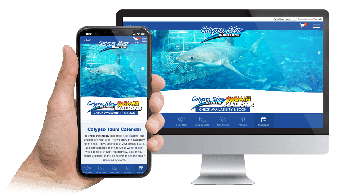 Calypso Star Charters shark cage diving website displayed on a desktop monitor and smartphone