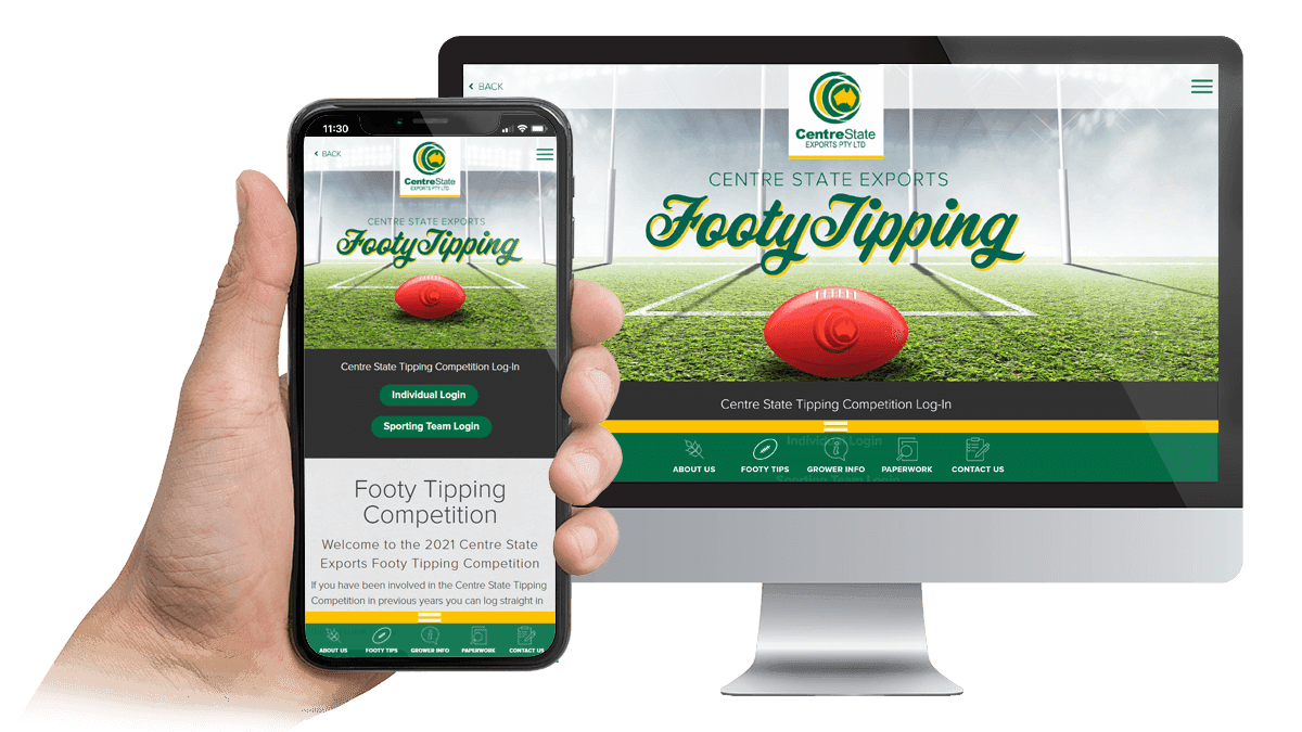 Centre State Exports Footy Tipping competition page displayed on desktop and smartphone screens