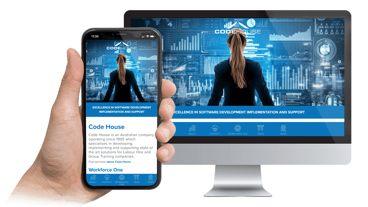 Code House website displayed on a desktop monitor and smartphone