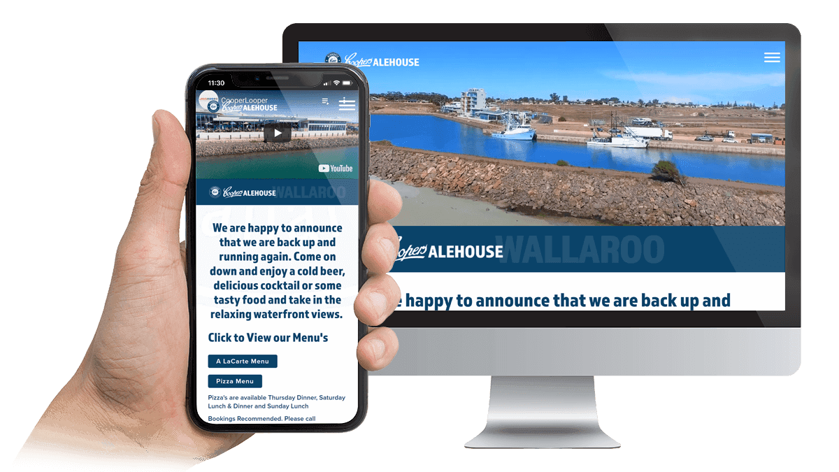Coopers Alehouse Wallaroo website displayed on a desktop monitor and smartphone