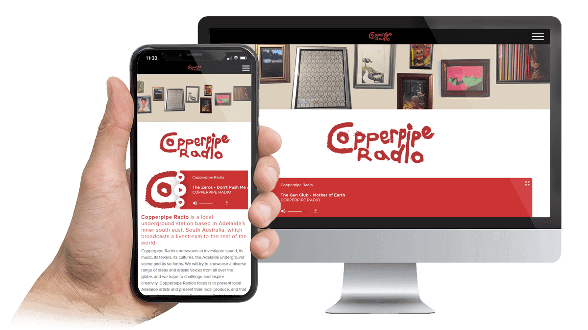 Copperpipe Radio homepage shown on desktop and smartphone