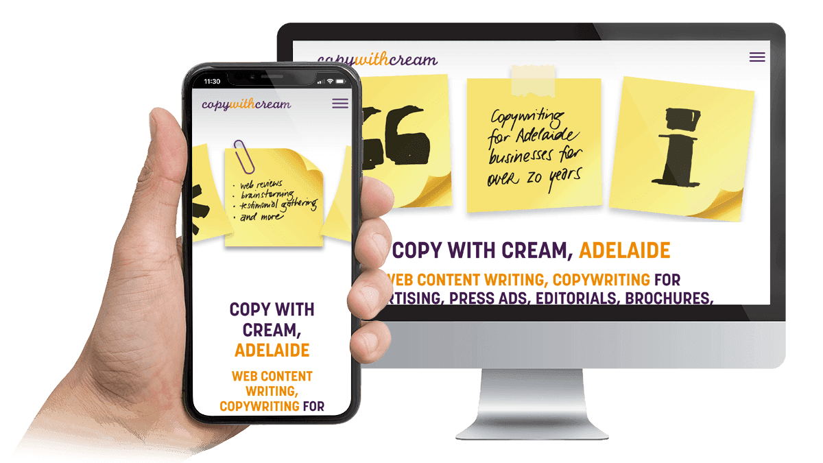 Copy With Cream website homepage displayed on a desktop monitor and smartphone