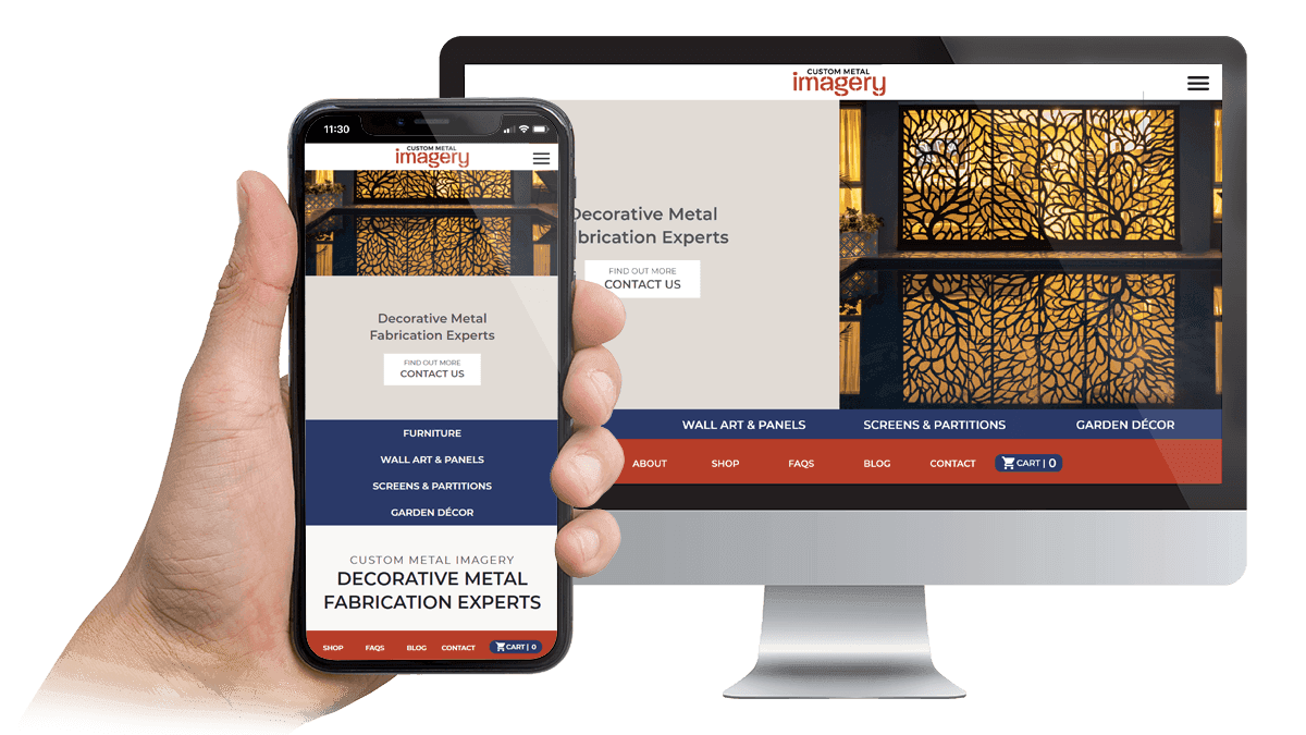 Custom Metal Imagery website homepage displayed on a desktop monitor and smartphone