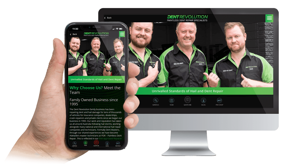 Dent Revolution website Meet the Team page displayed on a desktop monitor and smartphone