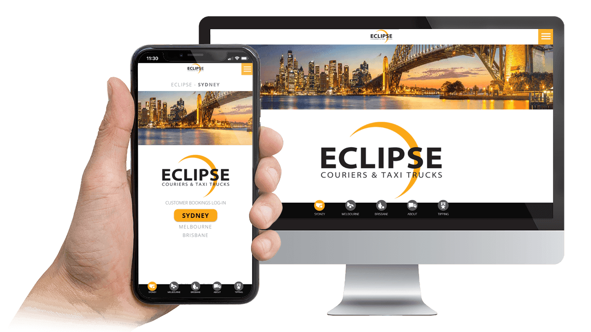 Eclipse Couriers website Sydney homepage displayed on a desktop monitor and smartphone
