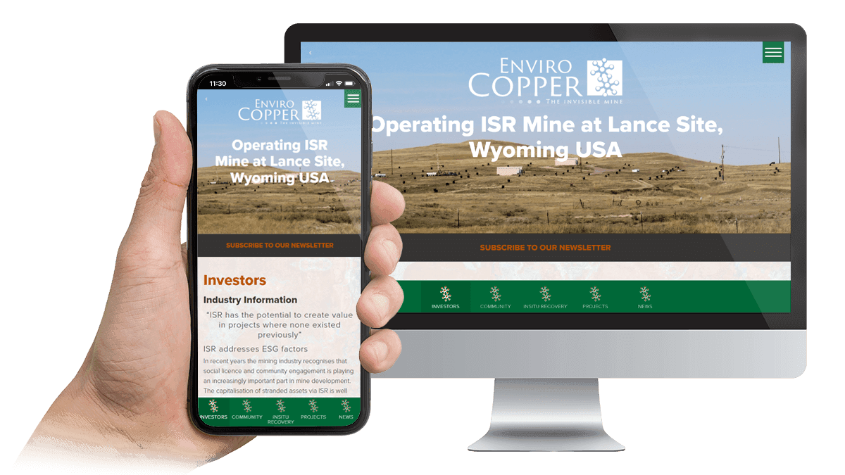Enviro Copper website Investors page on a desktop monitor and smartphone, showing the Lance mine site in Wyoming