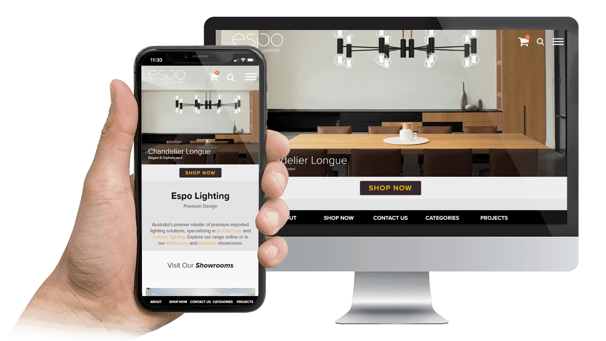 Espo Lighting website displayed on a desktop monitor and smartphone
