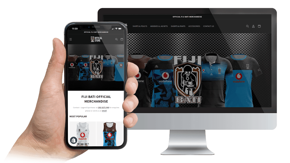 Fiji Bati Shop official merchandise website displayed on a desktop monitor and smartphone