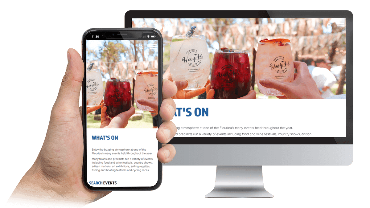 Fleurieu Peninsula Tourism website What's On page on a desktop monitor and smartphone, showing festival drinks